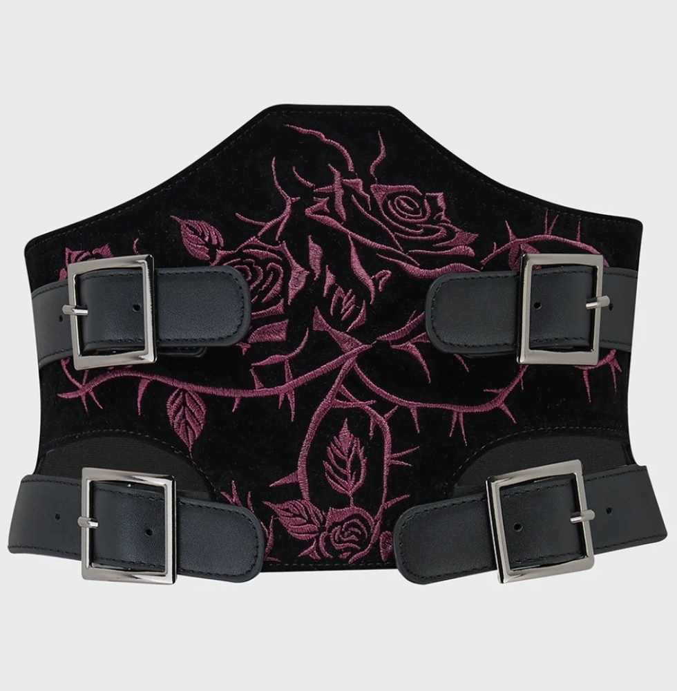 Killstar Black Velvet Rose Embroidered Corset Belt with Pink purple Detail